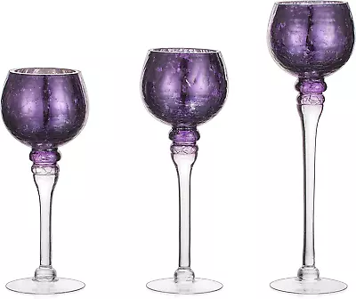 Buy Long Stem Glass Candle Holder - Set Of 3 Tall Tea Lights Candle Holders, Purple  • 52.76£