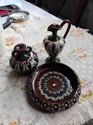 Buy Bulgarian Troyan Slipware,  Bowl Tray & Ornamental Jug Vase Brown Green • 6£