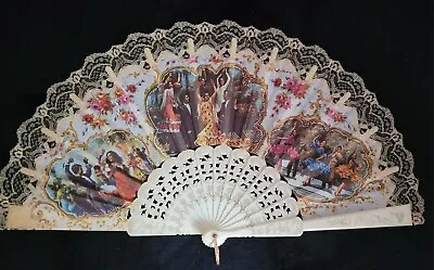 Buy Vintage Hand Fan - Spanish Flamenco Dancers - Lace Trim • 14.95£