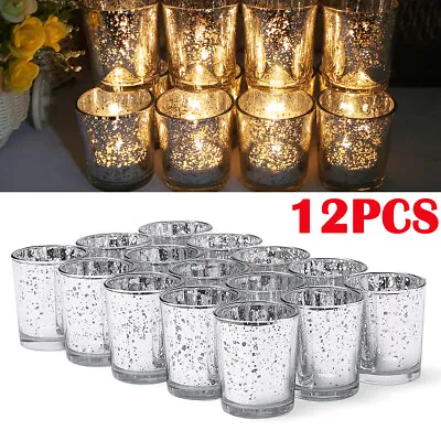 Buy 12pcs Mercury Silver Speckled Glass Tea Light Candle Holder Wedding Party Decor • 11.49£
