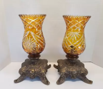 Buy Antique Hurricane Cut Art Glass Brass Candle Holder Globe Mantle Luster Bohemian • 467.77£