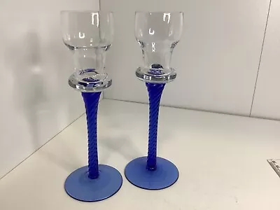 Buy Vintage. Pair Blue Glass Candle Holder Candlestick With Barely Twist Stem. Blown • 16£