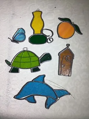 Buy Vintage Stained Leaded Glass Suncatchers, Window Hanging, Set Of 6, Turtle Peach • 19.29£