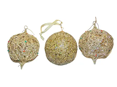 Buy Set Of 3 Wire Beaded Gold Glitter Multi-color Gems Christmas Ornaments 4   #G • 9.64£