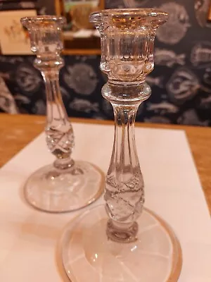 Buy Pair Vintage Manganese Crystal Cut Glass Candle Stick Holders  • 55£