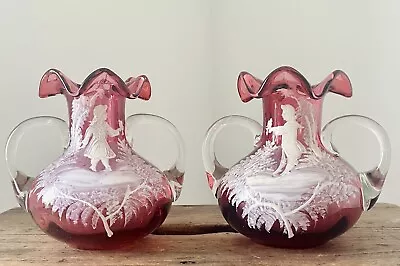 Buy Stunning Antique Mary Gregory Cranberry Glass Pair Of Frilled Vases Birds Flora • 145£