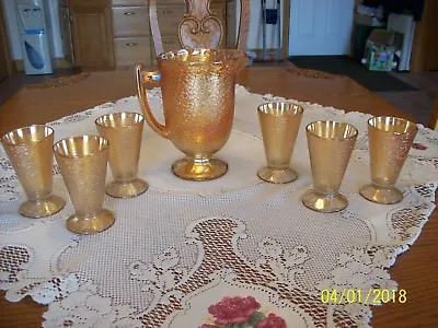 Buy Jeannette Carnival Glass Vintage Marigold Pitcher And 6 Tumblers Crackle Pattern • 75.86£