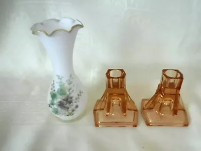 Buy Art Deco Glass Rocket Design Candle Holders + Satin Glass Vase • 12£