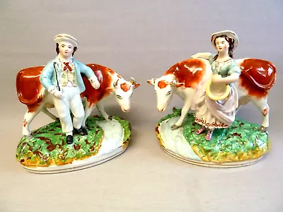Buy LARGE PAIR Of ANTIQUE STAFFORDSHIRE POTTERY COW/RIVER FIGURINES • 85£