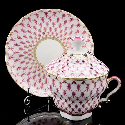 Buy Gold Pink Net Cup With Lid And Saucer Russian Imperial Lomonosov Porcelain • 104.85£