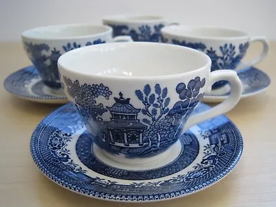 Buy 4 X Churchill China Vintage Blue Willow Pattern Pottery Cups & Saucers • 20£