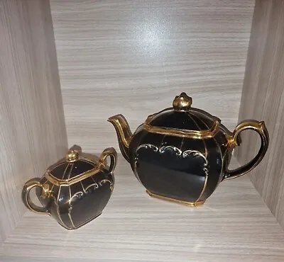 Buy  Sadler 24ct Gold & Black Gilded Cube English Teapot &  Sugar 1922 Very Rare  • 75£