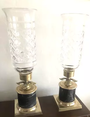 Buy Vintage Candlestick HOLDERS Solid Brass Marble Glass Shades 15.75' Tall Set Of 2 • 142.30£