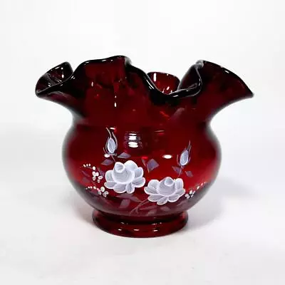 Buy Vintage Ruby Red Fenton Glass Ruffle Rose Bowl Vase White Flowers Signed Linda F • 45.62£
