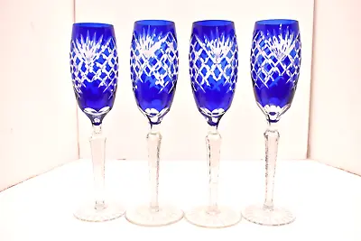Buy Set 4 Bohemian Czech Cut To Clear Blue Crystal Champagne Flutes Glasses Toasting • 191.90£