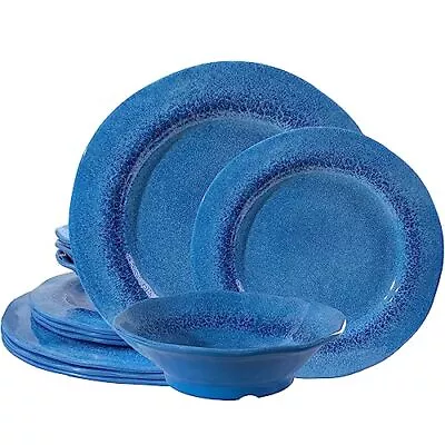 Buy Melamine Dinnerware Sets, Dishes Sets For 4, 12 Piece Plates And Reactive Blue • 55.72£