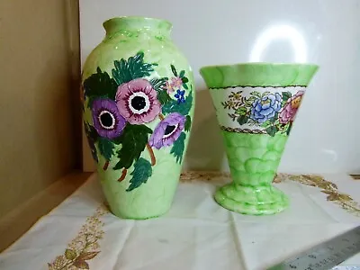 Buy 2 X Maling Pottery 1 Green Anemone Pattern And 1 Peony Rose 1930's Vases • 37£