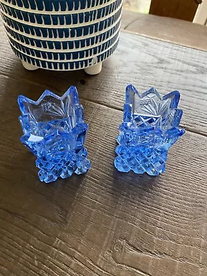 Buy Vintage Blue Cut Glass Candlestick Holders X 2 • 14.95£