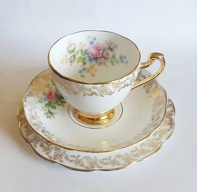 Buy Vintage Cup Saucer Plate Trio Roslyn R425 Fine Bone China Floral Gold Details • 10.99£