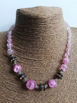 Buy Vintage Art Deco Style Crackle Glass Pink Beaded Necklace 42cm Length • 17.50£