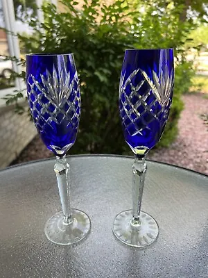 Buy Lot 2 Blue Bohemian Cut To Clear Crystal Wine Champagne Glasses 10 1/2 Tall • 85.70£