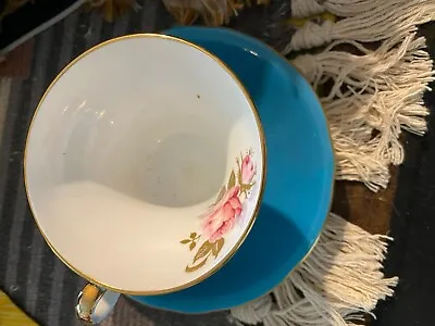 Buy Vintage Aynsley England Bone China Teacup And Saucer, Turquoise Blue With Roses • 28.45£