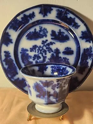 Buy Antique Adams 'Flo-Blue' (Tunstall) Shanghai Ironstone Dish & Cup • 18.97£