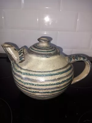 Buy Vintage Studio Pottery  Stoneware Teapot With Second  Handle-Blue/Green Stripes • 29.95£