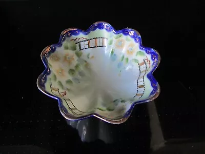 Buy Vintage Japanese Porcelain Hand Painted Scalloped Edge Footed Bowl • 15£