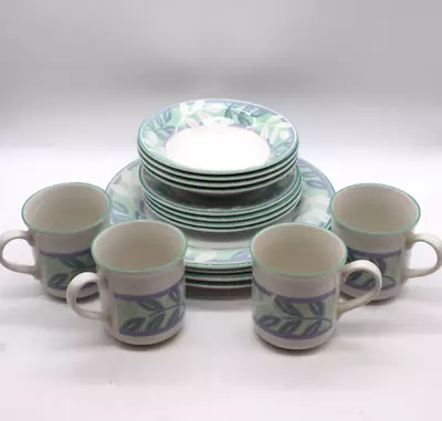 Buy STAFFORDSHIRE Tableware Set Of 4 Cups And Bowls Green & Purple Retro Leaves 16pc • 4.99£