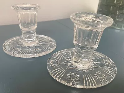 Buy Pair Vintage Pressed Glass Circular Short Candlesticks Candle Holders Deco • 14.99£
