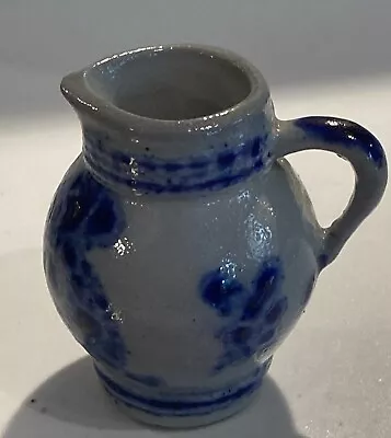 Buy Vintage Gray And Cobalt Blue Stoneware Salt Glazed Pottery Mini Pitcher & Handle • 7.50£