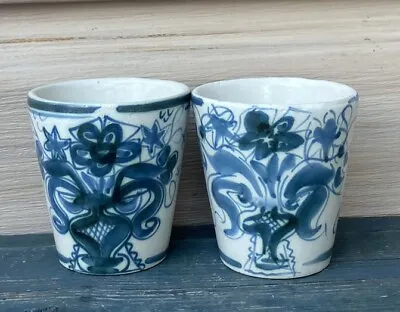 Buy 2 CUPS Keraluc Quimper G02 Hand Painted French Earthenware Signed 3” High • 33.32£