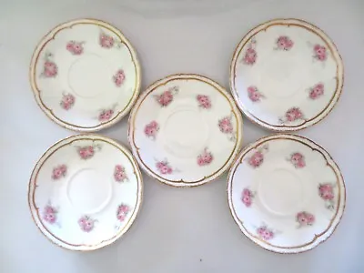 Buy 5 Vtg Coronet Limoges France Saucers Plates, Double Gold Edge, Pink Roses • 19.20£