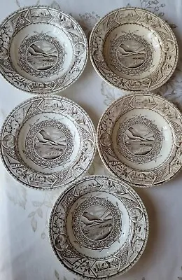 Buy Antique G W Turner & Sons Brown Transferware Ironstone 5 Salad Soup Bowls Plates • 85.31£