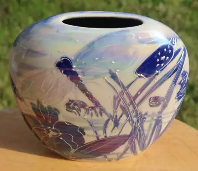 Buy Anita Harris (561) Art Pottery Vase Dragonfly Blue Silver Lustre Purse 12cm • 50£