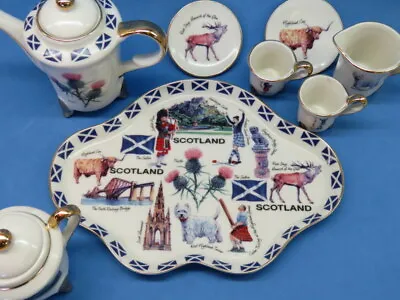 Buy Minneature Tray, Teacup & Saucer Set W/ Pourers ~ SCOTLAND Thistle, Dance, Dog + • 35.93£