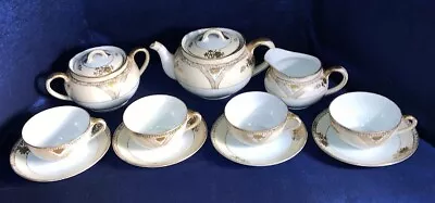 Buy Antique Noritake Porcelain Teapot/Tea Set/Tea Cups Green M Wreath Hand Painted • 66.30£