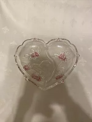 Buy Vintage Mikasa Glass Heart Shaped Bowl Double Heart Etching Textured Roses. • 39.99£