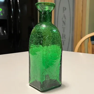 Buy Vintage Emerald Green Crackle Glass Bottle / Vase 8” Tall Made In Taiwan • 14.47£