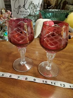 Buy Lot Of 2 BOHEMIAN CZECH CUT TO CLEAR CRYSTAL WINE Glass GOBLET Cranberry Red • 24.57£