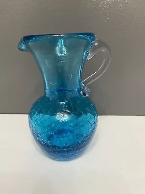Buy VTG-Vibrant Turquoise Hand Blown Crackle Glass Vase/Pitcher Turquoise & Clear • 15.34£
