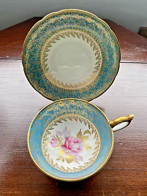 Buy Vintage Aynsley Cabbage Rose  Bone China Blue Tea Cup And Saucer • 75£