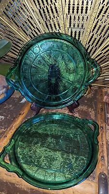Buy Pair Jeannette Doric Pansy Green Depression Glass Cake Serving Plates Handles • 36£
