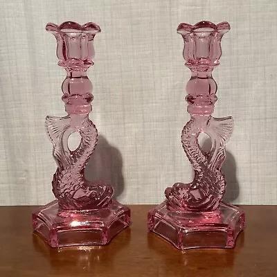 Buy Vintage Pair Of Pink Glass Koi Fish Candlestick Holders • 80.75£