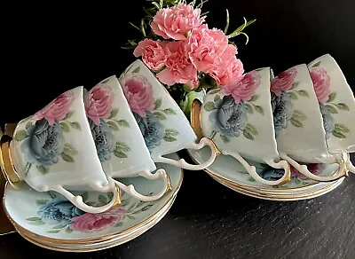 Buy Vintage China Part Coffee Demitasse Tea Set Baby Blue Pink Roses Cups & Saucers • 55£