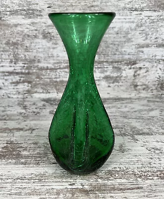 Buy Gorgeous Emerald Green Crackle Art Glass Vase Square Pinched Body • 33.77£