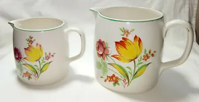 Buy Pair Of Vintage Art Deco BCM Nelson Ware, England Green Trim, Floral Table Jugs • 15.25£