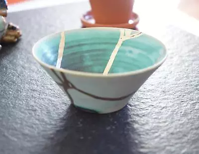 Buy 18K Gold Wabi Sabi Pottery Kintsugi Gift Turquoise Bowl • 104.36£