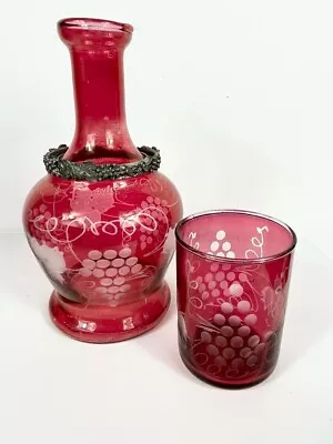 Buy Original Vintage Cranberry Etched Glass Bedside Water Carafe Set Pewter Detail • 45£